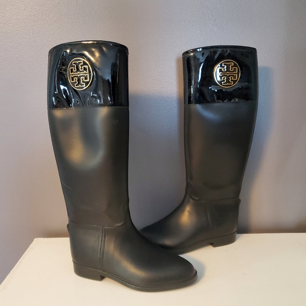 Tory Burch Winnie Black Rubber and Leather Tall Rain Boots Size 7